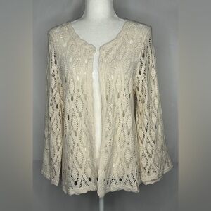 Collections Etc. Open Front‎ Crocheted Cardigan Ivory 100% Cotton  Sz L